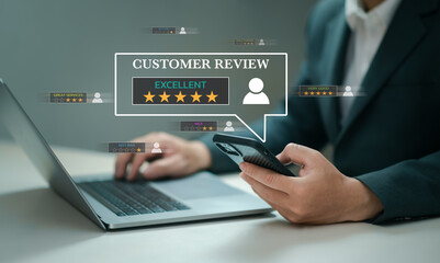 User man give five rating to service experience on online application, Customer review satisfaction feedback survey concept, Client give the best quality of service leading to  ranking business.