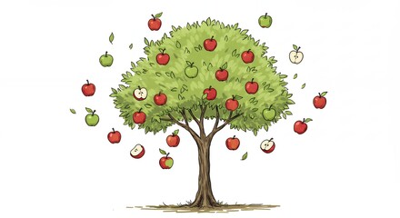 Obraz premium Illustration of an apple tree with falling fruit against a white background