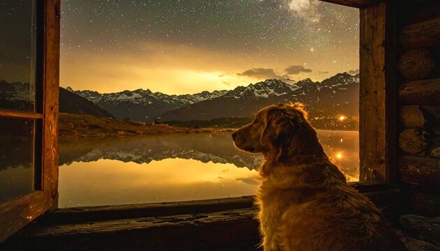 Golden retriever contemplates a beautiful mountain view through a rustic cabin window at twilight