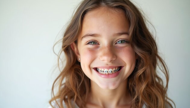 Young girl with braces smiles widely. Portrait of happy teenage girl with perfect teeth in orthodontic treatment. Cheerful, joyful girl, good mood shows perfect dental health, well-being.