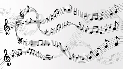 A collection of 10 flowing musical staff lines arranged in a scattered pattern against a white background
