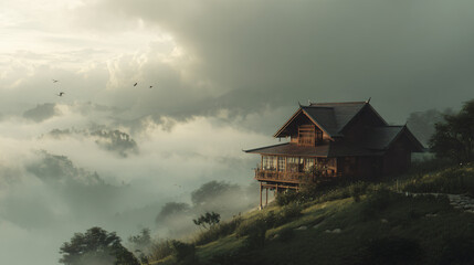 Wooden Hilltop House Above Foggy Landscape