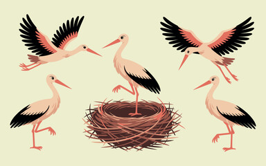 Cute storks in flight and on the nest flat design illustration
