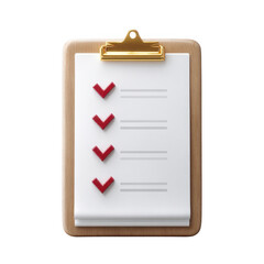 A wooden clipboard with a checkmark list, featuring three red checkmarks on a clean, white background. Ideal for organization and productivity themes.