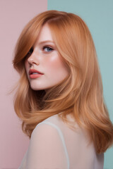 Fototapeta premium Studio shot of a young woman with long, wavy strawberry blonde hair, showcasing a trendy hairstyle against a split pastel pink and turquoise backdrop