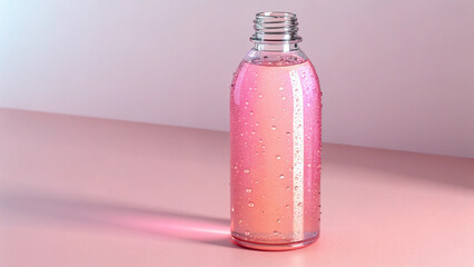 Refreshing Pink Elixir: A sleek, clear bottle filled with a vibrant pink beverage, adorned with droplets, resting on a gradient-colored surface, capturing the allure of hydration and flavor.