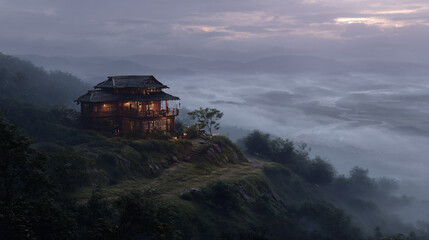 Wooden Hilltop House Above Foggy Landscape