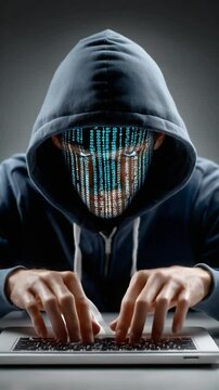 The Hacker: Anonymous figure shrouded in a hood, intently focused, coding away at a laptop, with digital binary code projected onto their face, highlighting the theme of cyber security.