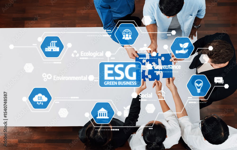 Poster this image illustrates a collaborative strategy session focused on esg initiatives for green busines