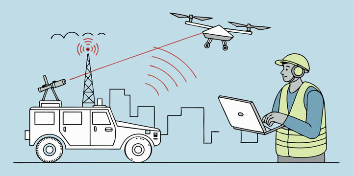 Isometric sequence showing anti-drone system identifying a UAV with radar, locking target, and neutralizing it via electromagnetic pulse.

