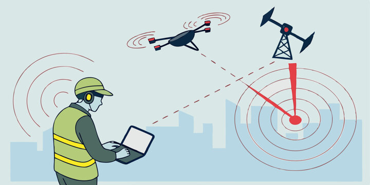 Step-by-step isometric illustration of an anti-drone defense system detecting, tracking, and disabling unauthorized UAVs using radar and electromagnetic jammer.