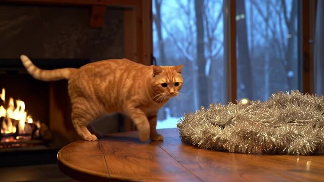 Ginger tabby cat exploring wooden table near fireplace on cozy evening
