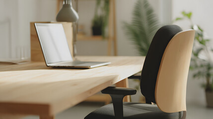 Fototapeta premium Modern Office Desk with Laptop and Comfortable Chair in Bright Workspace