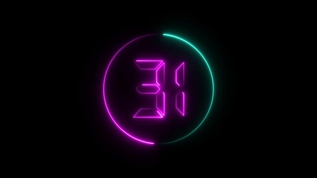 A dynamic circular animation, and glowing digital neon number 31 animation . on a black background. and creating a stunning video.4k video