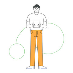 Smiling Asian man holds document while standing amidst abstract green lines and white background