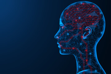 An artificial intelligence head with printed circuit board tracks inside. Polygonal design of interconnected lines and dots. Blue background.