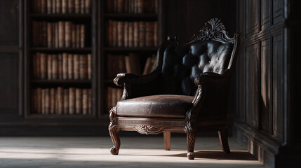Elegant armchair in a library setting. Perfect for representing knowledge, wisdom, or a place of quiet contemplation. Evokes a sense of sophistication and history.