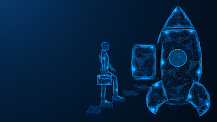 A businessman walking towards a rocket. Polygonal design of lines and dots. Blue background.