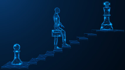 Career development, the path from pawn to queen. A man with a briefcase coming up the stairs. Polygonal design of interconnected lines and dots. Blue background.