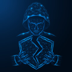 A broken cybersecurity shield in the hands of a hacker. Low-poly design of lines and dots. Blue background.