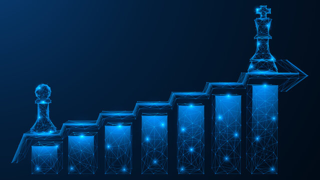 Growth chart, arrow of the path from pawn to queen.  Polygonal design of interconnected elements. Blue background.