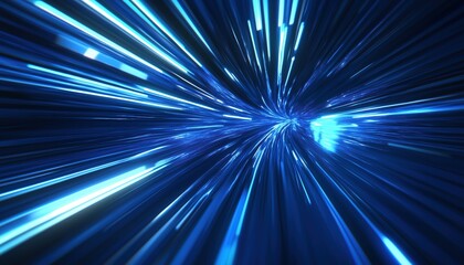 Futuristic Energy Technology In Abstract Science: Digital Image Of Light Rays And Stripes With Blue Light, Speed, And Motion Blur On Dark Blue Background