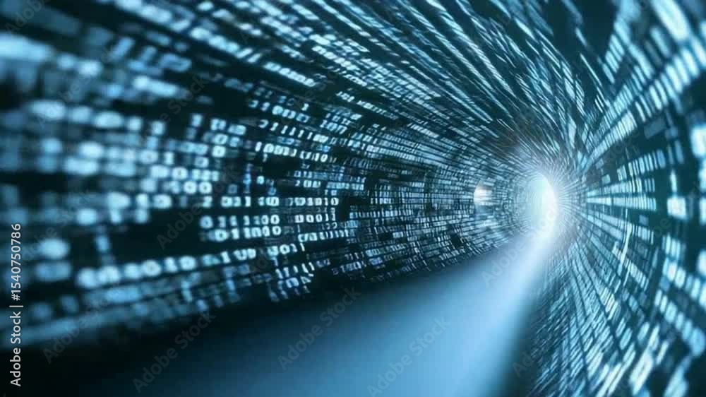 Poster digital tunnel: a captivating digital tunnel, where data streams converge, leading towards a bright,