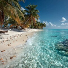 Secluded Tropical Beach with Turquoise Waters, Smooth White Sand, and Lush Palm Trees
