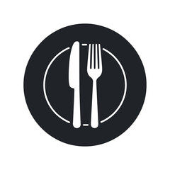 Simple black and white illustration of a knife and fork on a plate