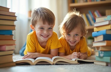 Two cute children lying on the floor indoors with an open book. Boy and girl together reading, smiling happily, stack books near them. Childhood joy, preschool education, family home learning.