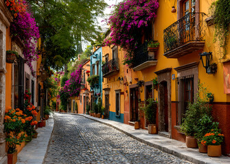 Obraz premium Vibrant colonial architecture lines cobblestone streets, adorned with blooming flowers, ornate balconies, and brightly colored facades, showcasing San Miguel de Allende's charming Mexican heritage.