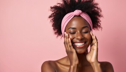 Young black woman with natural hair, pink headband smiles on pastel pink background. Happy female touches face skin, closed eyes. Cheerful person demonstrates beauty. Skin care wellness concept.