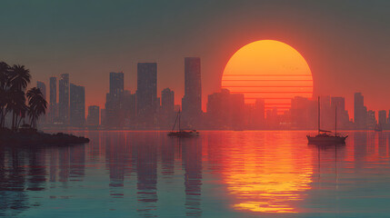 Obraz premium synth wave retro miami city landscape background at sunset digital illustration