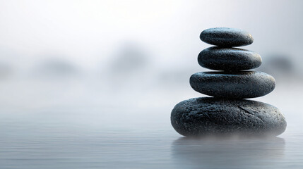 Stacked Dark Stones in Gentle White Mist