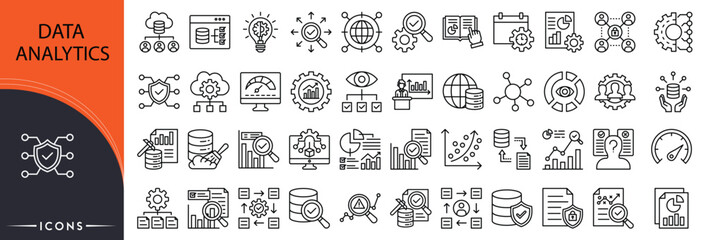 Data analytics related icon collections. Containing data, chart, graph, report, statistics, dashboard, analysis, metrics, insight, visualization icons. Outline icons.