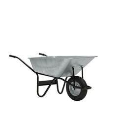 Galvanized wheelbarrow with black handles and tire on white background  