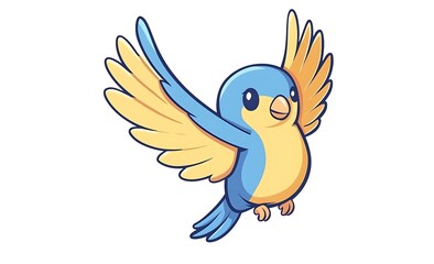 Adorable Blue and Yellow Bird in Flight Cute Cartoon Illustration