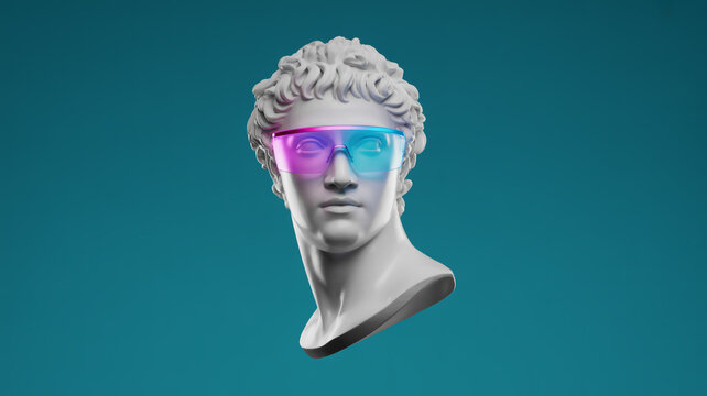 A digital art composition featuring a classical marble sculpture bust of a young man with curly hair against a solid teal background.