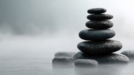 Stacked Dark Stones in Gentle White Mist