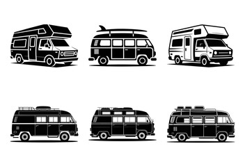 Six camper van silhouettes isolated on white background