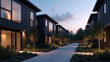 Obraz premium Modern townhomes in landscaped courtyard at dusk. Contemporary urban residential architecture with stylish design, illuminated windows, doors. Exterior property of neighborhood with patio, paved path.