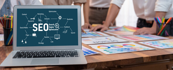 SEO search engine optimization for brisk e-commerce and online retail business showing on computer...