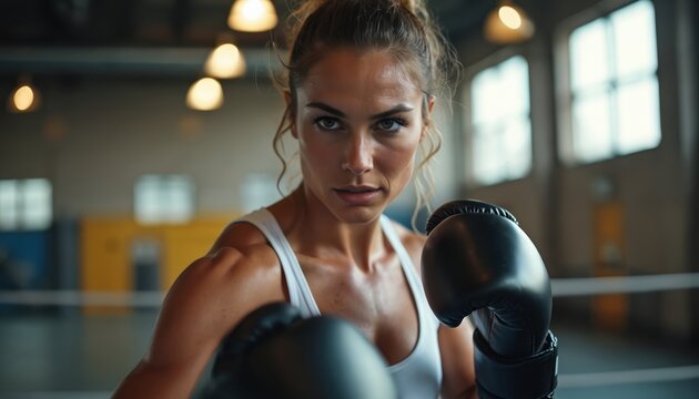 Strong determined female boxer trains hard in urban gym. Woman wears boxing gloves looking at camera. Intense physical workout in action. Determination, focus. Athlete ready for competition. Boxing