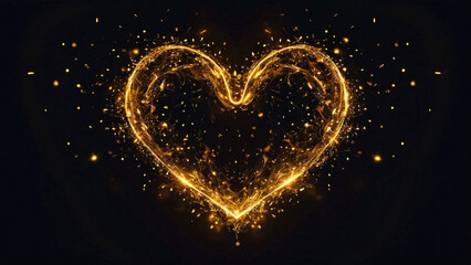 Illuminated golden heart silhouette with sparkling glow rests on a dark black background, copy space