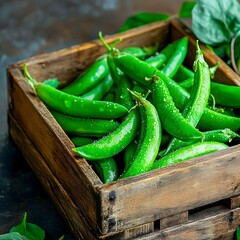 close-up of fresh fava bean pods in wooden crate, farmer’s market atmosphere