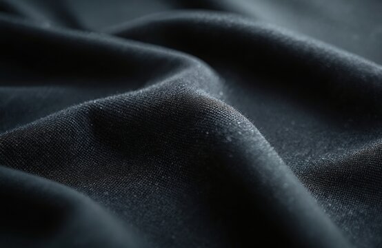 Close-up view black sports jersey fabric. Smooth textile cloth texture. Black material background for football shirts, apparel, t-shirts. Details, tech, mesh, pro design, fashion background.