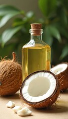 Coconut oil bottle, cut coconuts. Organic oil for beauty treatments, spa. Natural product, healthy ingredient for skin care, cooking. Wellness lifestyle, aroma therapy, beauty, cosmetics.