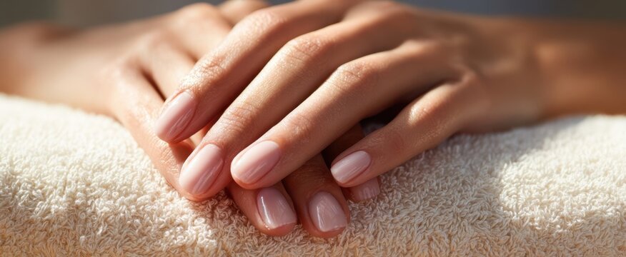 The beautifully manicured hands resting delicately on a soft towel.
