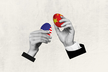 Trend artwork sketch montage 3D collage of two hands hold eggs crack attack partnership business...