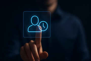 Futuristic Finger Touch Interface with Holographic User and Clock Icon for Digital Time Management and Virtual Access Control